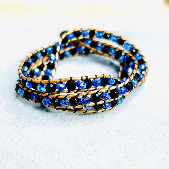 Beaded Gold Leather Cord Blue and Black Beads Wrap Bracelet - Picture 1 of 4